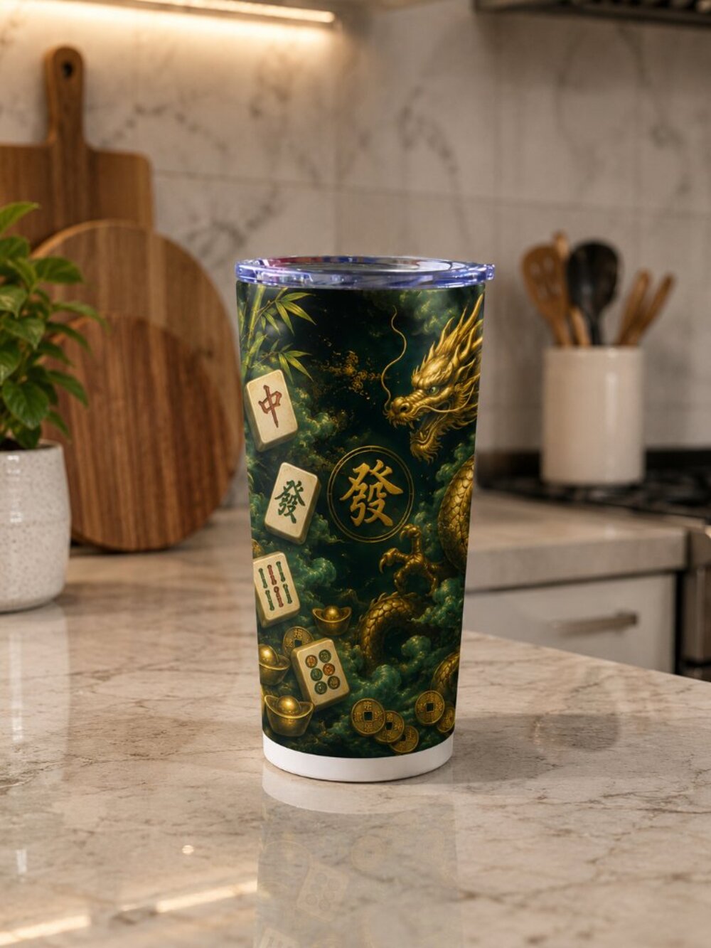 Gold Dragon Mahjong Tumbler 20oz | Mahjong Gift for Her | Jade Green Chinese